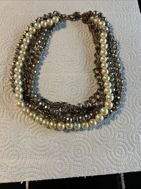 Multi-Strand Pearl and Chain Statement Necklace - Cream and Gunmetal